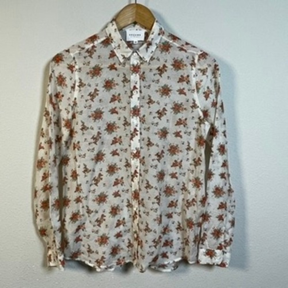 Sezane Floral Button Down Shirt Womens 34 White Cotton Silk Long Sleeve Blouse